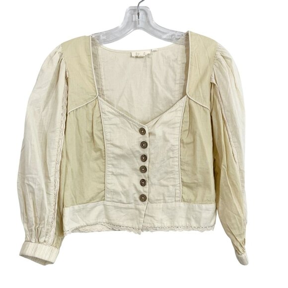 Anthropologie Let Me Be Cream Puff Sleeve Sweetheart Crop Top Buttons - Size XS - Picture 1 of 7